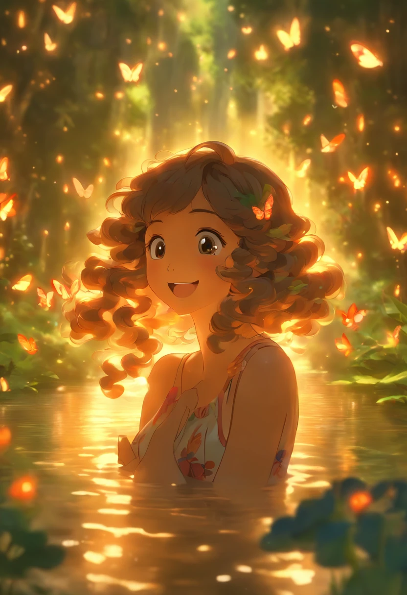 Anime girl holding a fish near a pond with flowers and butterflies, with curly brown hair,long whitr hair,,ln the forest,Fireflies floating in the air,happy laughing,is shy,Cute and detailed digital art, 8K,