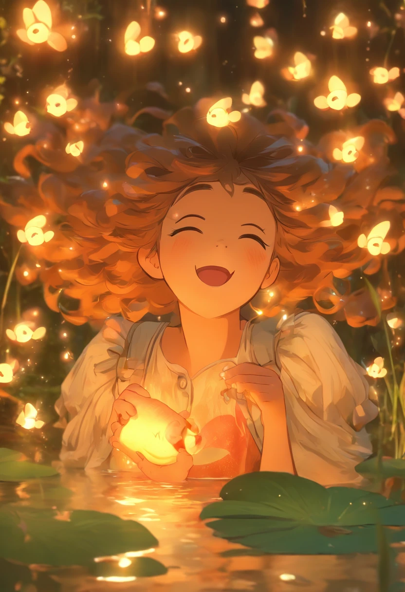 Anime girl holding a fish near a pond with flowers and butterflies, with curly brown hair，long whitr hair，，ln the forest，Fireflies floating in the air，happy laughing，is shy，Cute and detailed digital art, 8K,