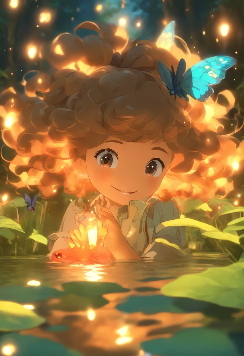 Anime girl holding a fish near a pond with flowers and butterflies, with curly brown hair，long whitr hair，，ln the forest，Fireflies floating in the air，happy laughing，is shy，Cute and detailed digital art, 8K,
