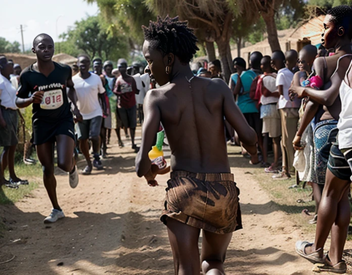 Draw a child of 2 years old is running holding a bottle of awine ( written geness) on his hand, at the back his mother is coming quicly to catch him closely when he is running. Both mother and child must be a black African, with realistick face and skins, real materials, and on public area surrounded behinds by the people looking them wondering them.