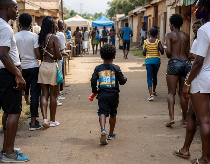 Draw a child of is running holding a bottle of awine ( written geness) on his hand, at the back his mother is coming quicly to catch him closely when he is running. Both mother and child must be a black African, with realistick face and skins, real materials, and on public area surrounded behinds by the people looking them wondering them.
