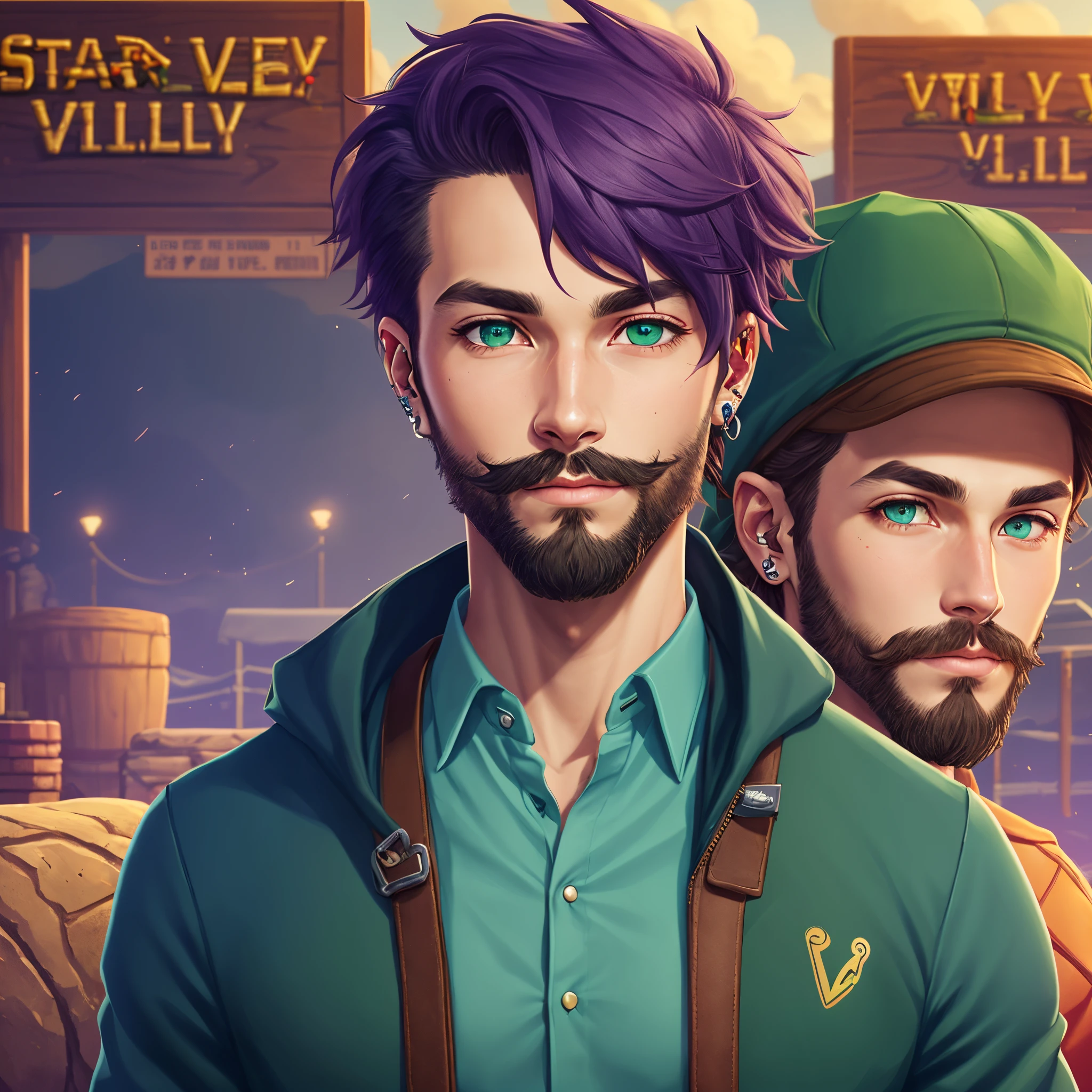 Stardew valley potrait, male, green eyes, blue “j” jacket, green shirt, dark purple hair, stubble beard, ear piercings
