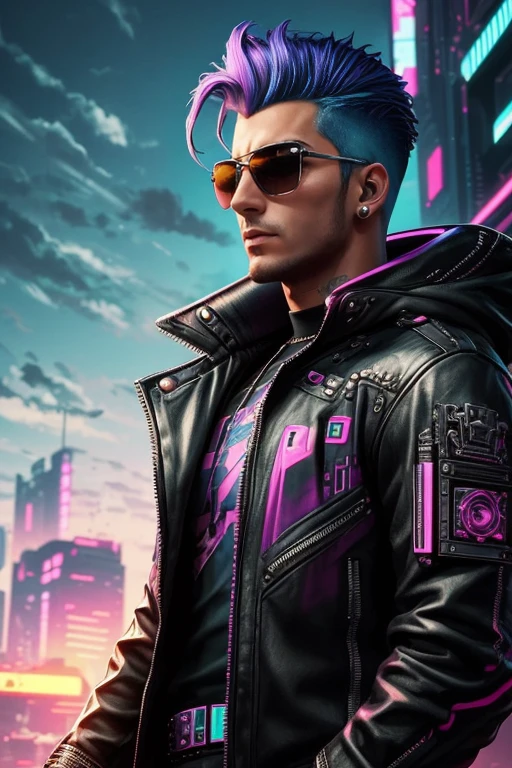 Young handsome courageous man ,sunglasses, Cyberpunk art, funk art, Stunning gradient colors, Stylized portrait H 704, Pompadour, Twitch streamer, cool colors. insanely detailed, t-800, NO WATERMARK, Rich color, overtaking