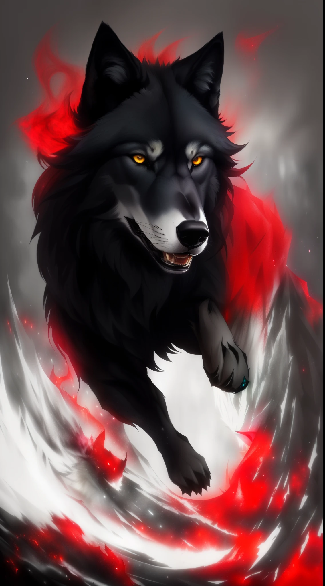 um close de um lobo com fundo vermelho e preto, Lobo Negro, Lobo no inferno, Fenrir, Sakimi, lobo, Directed by: Galen Dara, grande lobo, Grim - Lobo, Ele tem olhos de lobo amarelos, foto de lobo, an anthropomorphic wolf, retrato do lobo da fantasia, Lobo cinzento escuro O'Donnell, anthropomorphic wolf