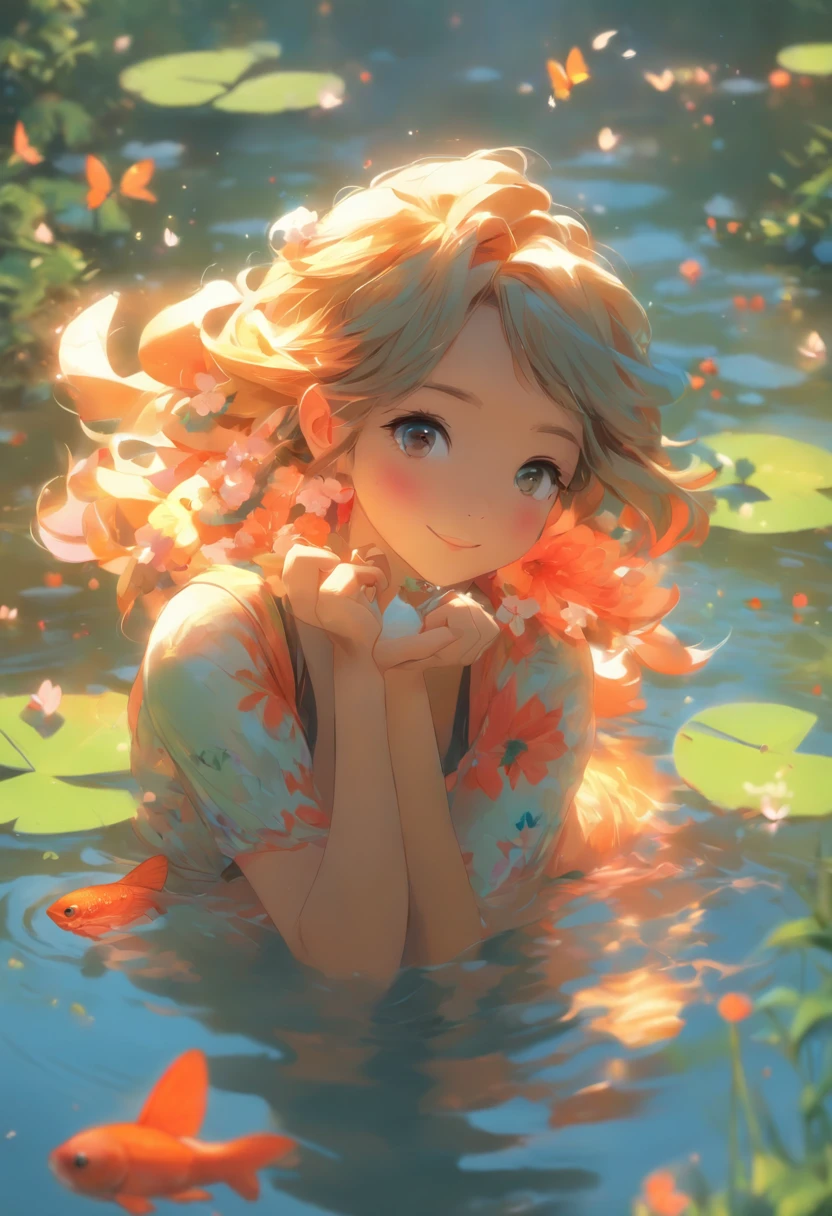 Anime girl holding a fish near a pond with flowers and butterflies, having fun,is shy,author:Hero, guweiz on pixiv artstation, Popular topics on artstation pixiv, Artgerm and Atey Ghailan, guweiz on artstation pixiv, Cute and detailed digital art, Artie Guéland 8K, Pixiv Contest Winner, Digital art on Pixiv
