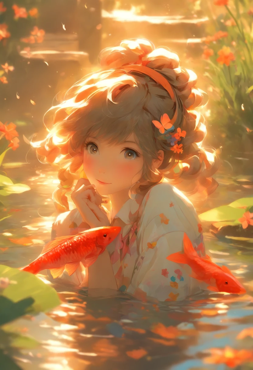 Anime girl holding a fish near a pond with flowers and butterflies, having fun,is shy,author:Hero, guweiz on pixiv artstation, Popular topics on artstation pixiv, Artgerm and Atey Ghailan, guweiz on artstation pixiv, Cute and detailed digital art, Artie Guéland 8K, Pixiv Contest Winner, Digital art on Pixiv