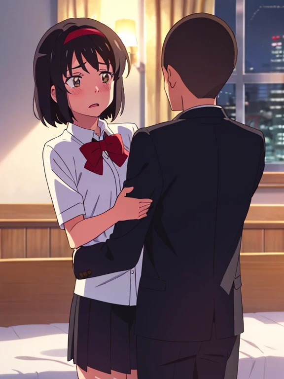 shinkai makoto, kimi no na wa., 1 boy, buzzcut, school uniform, boy is behind girl, touching boobs, breatsgrope from behind, behind back, hug back, hugging, neck kiss, 1girl, black hair, bow, red bow, brown eyes, collared shirt, headband, red headband, bow, red bow, ribbon, red ribbon, school uniform, shirt, short hair, open mouth, couple, sweater vest, vest, vest lift, vest lift up, white shirt, open clothes, open shirt , partially unbuttoned shirt, boobs, medium breast, light pink bra, bedroom, night, sit on bed,1 boy, buzzcut,