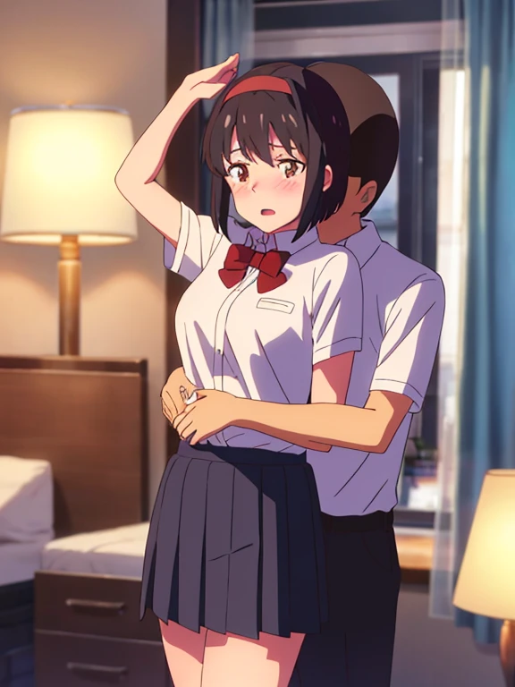 shinkai makoto, kimi no na wa., 1 boy, buzzcut, school uniform, boy is above girl, girl is below boy, passionate hug, face to face, lying, lie on bed, 1girl, black hair, bow, red bow, brown eyes, collared shirt, headband, red headband, bow, red bow, ribbon, red ribbon, school uniform, shirt, short hair, open mouth, couple, sweater vest, vest, vest lift, vest lift up, white shirt, open clothes, open shirt , partially unbuttoned shirt, , medium breast, navel, white bra, bedroom, night,
