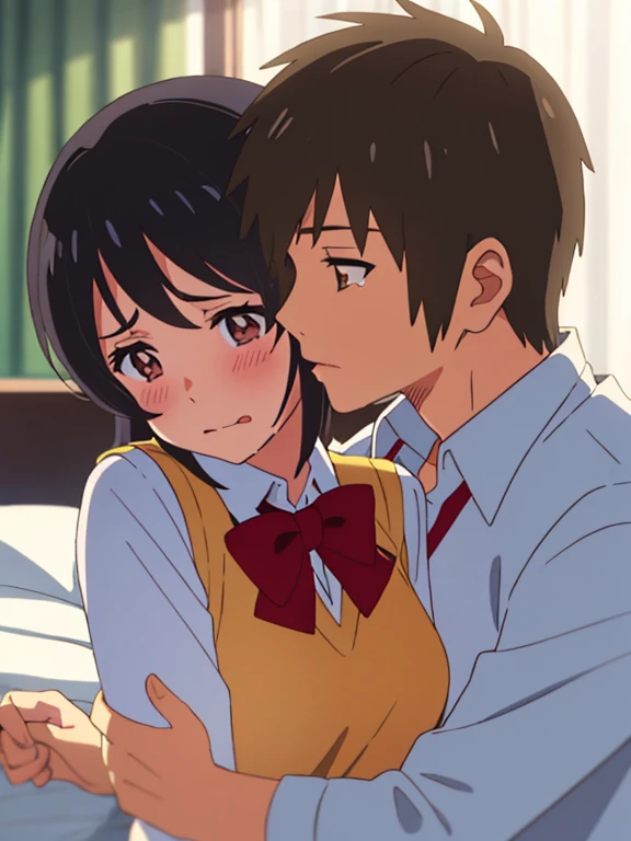1 boy with buzzcut hair is behind 1 girl breast grope from behind, shinkai makoto, kimi no na wa., 1boy, Katsuhiko Teshigawara, buzzcut, 1girl, mitsuha miyamizu, black hair, ponytial, blush, brown eyes, collared shirt, red bow, red bow, red ribbon, Ribbon, school uniform, shirt, sweater vest, upper body, vest, white shirt, yellow sweater vest, yellow vestopen shirt, shirt lift, open shirt, partially unbuttoned, light pink bra, medium breast, red ribbon, cute, love, couple, adorable, dating, deep kiss, kiss, tongue, brown eyes, open eyes, tears eyes, indoors, night, passionate hug, lie on bed,