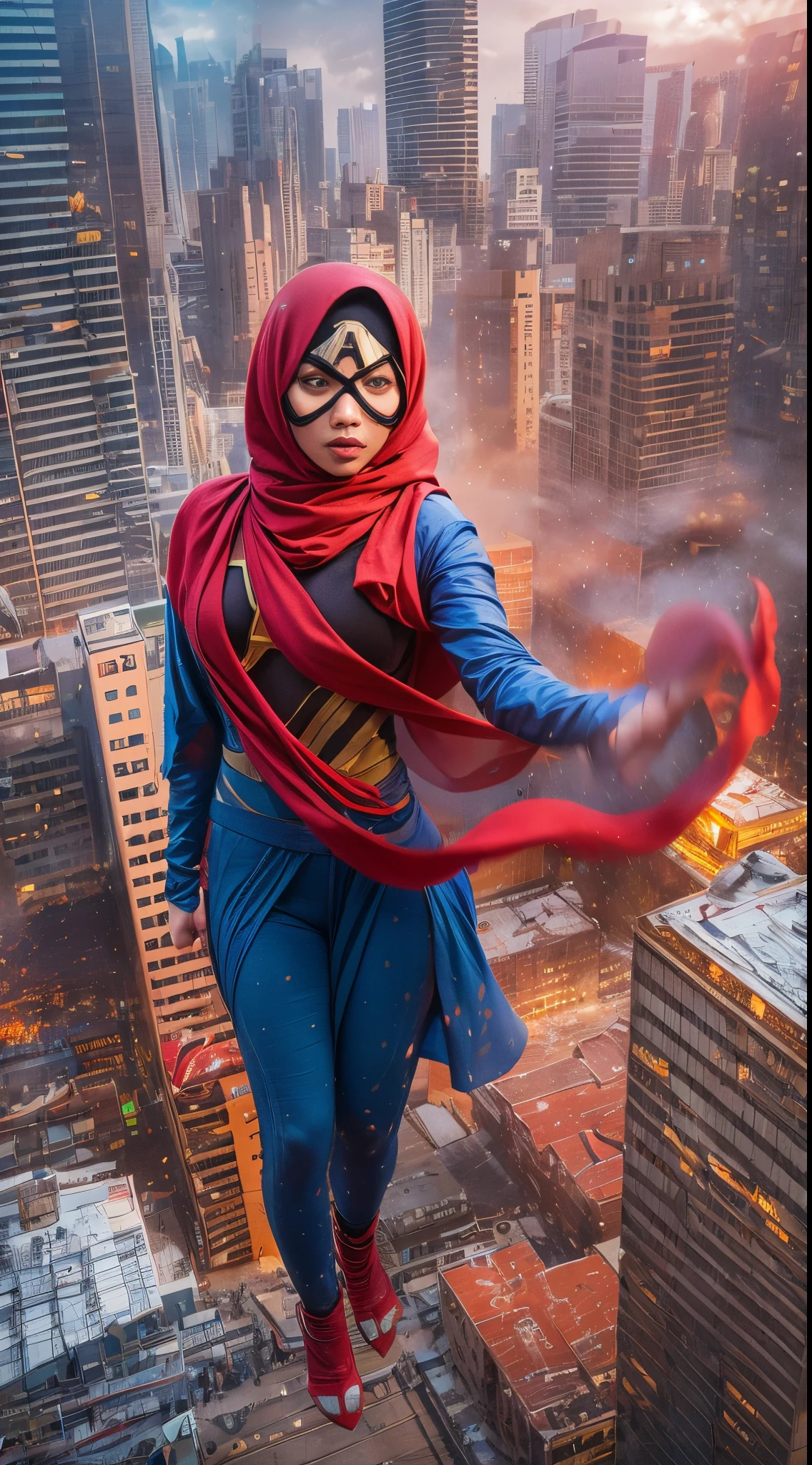 Create a dynamic and action-packed photomanipulation reminiscent of Marvel superhero movies. Feature the Malay girl in hijab showcasing her unique superpowers in a cityscape, surrounded by vivid colors and high-energy effects