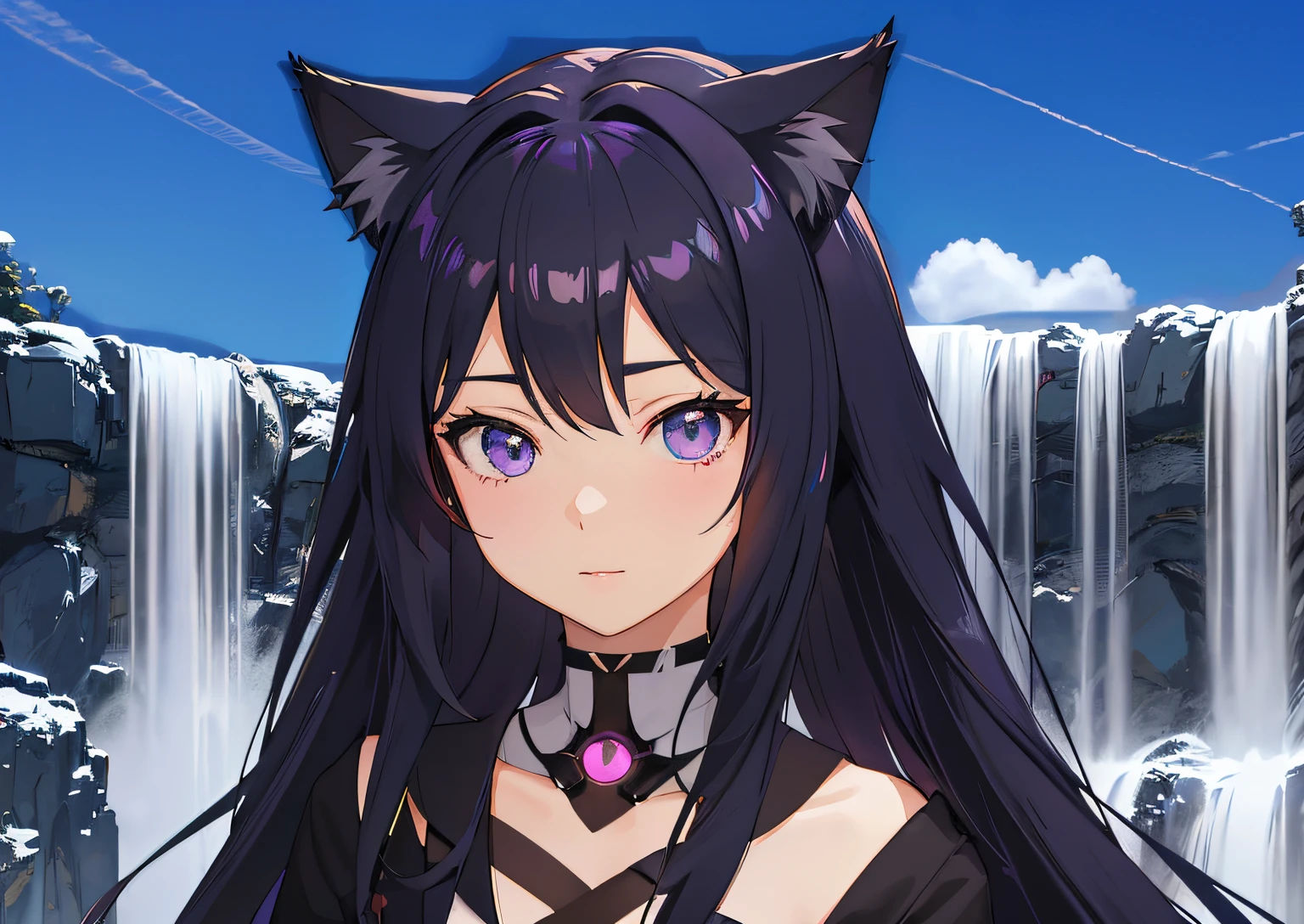 Anime girl with purple eyes and black hair in front of a waterfall under a bright blue sky and sunshine, Stilisierter Anime, Close-up of a young anime girl, Anime Moe Kunststil, Anime Waifu, Anime-Stil. 8K, Anime girl with cat ears, Anime stilisiert, 3D im Anime-Stil, Anime-Stil 4 K, Anime Catgirl, an anime girl, vrchat