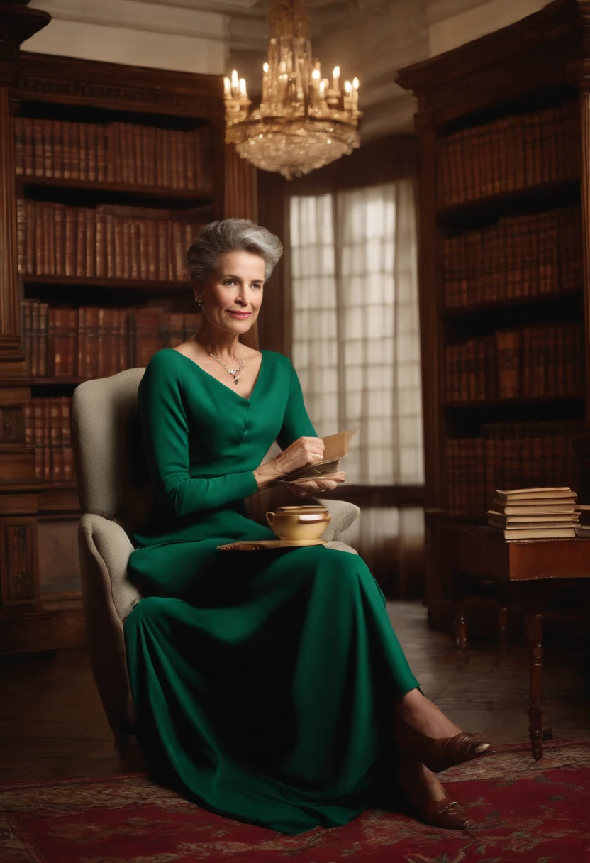 A serene and cozy shot of Vivian curled up in a plush armchair, surrounded by a stack of books and sipping on a cup of herbal tea, with a mischievous glint in her eye and a playful smirk on her lips.,original,Vivian Hawthorne, the master librarian at the New York City Public Library, is a picture of elegance and intelligence. In her mid-fifties, she has sharp, observant eyes that miss nothing, framed by silver-streaked hair often pulled back in a sleek bun. Her attire is always classic and impeccable, befitting the grandeur of the library’s halls which she navigates with a poised grace.