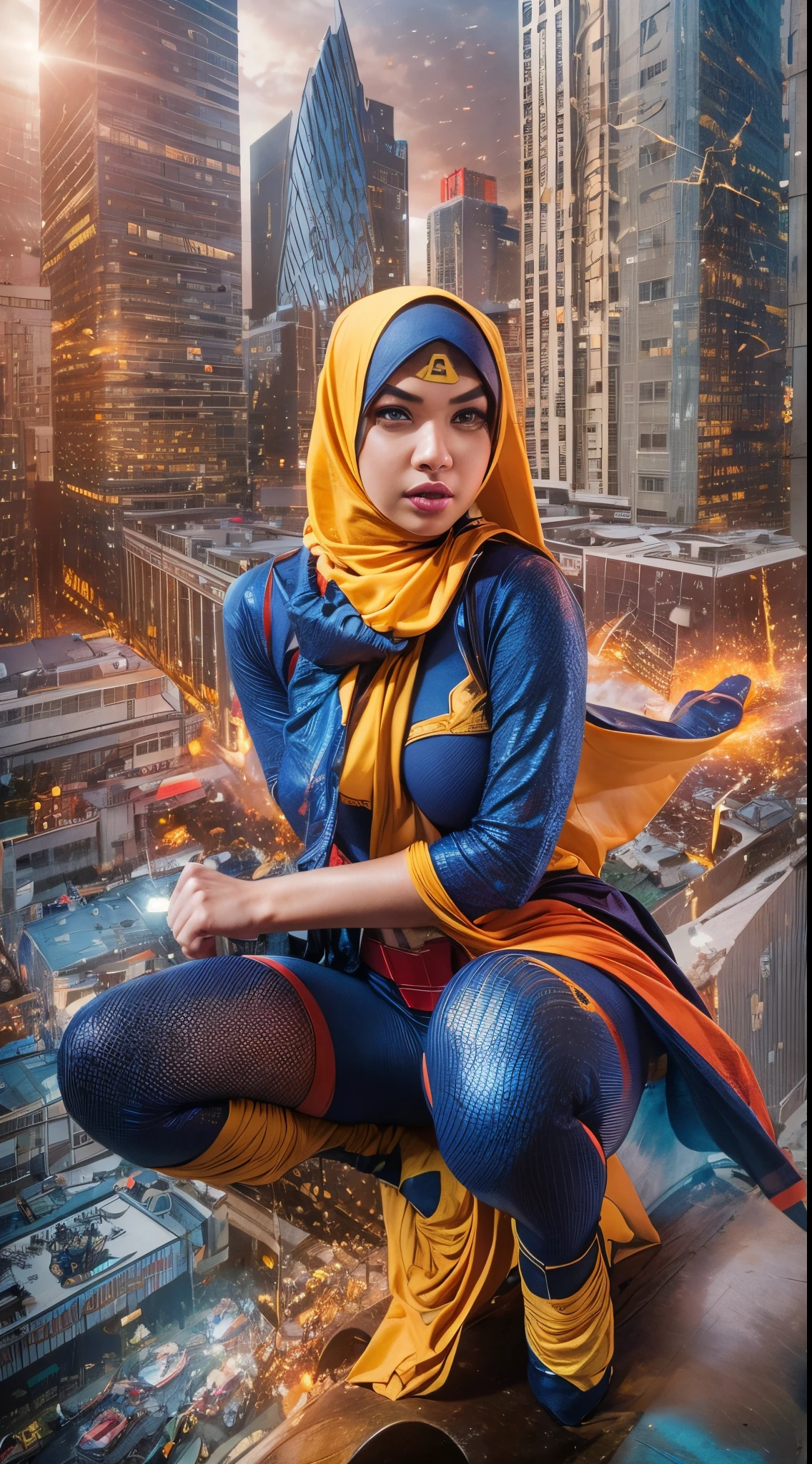 Create a dynamic and action-packed photomanipulation reminiscent of Marvel superhero movies. Feature the Malay girl in hijab showcasing her unique superpowers in a cityscape, surrounded by vivid colors and high-energy effects