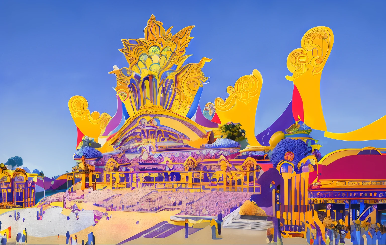 (best quality,4k,8k,highres,masterpiece:1.2),ultra-detailed,(realistic,photorealistic,photo-realistic:1.37),colorful, vibrant, illuminated, immersive, musical, concert cityscape painting, Disney concept art, artist's rendition, inspired by Geoff McFetridge, artist's interpretation, beauty pageant concept illustration, beautiful artist rendering, by Hiroshi Nagai, rendered illustration, artist's interpretation, full-color illustration, conceptual rendering, Pixar rendering, theme park illustration, a grand theater, a majestic performing arts show, peacock-themed stage backdrop