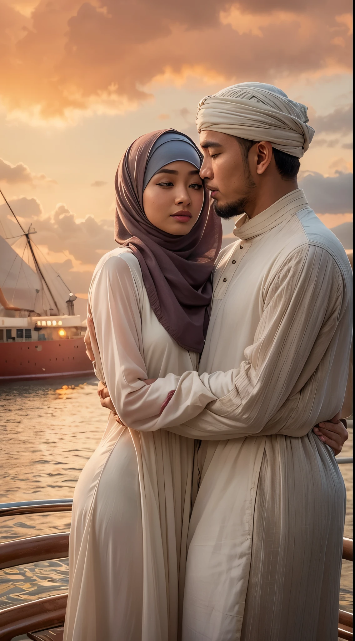 Reimagine the iconic 'Titanic' movie scene with the Malay girl in hijab and the Malay man. Capture the essence of romance and nostalgia as they stand together on the bow of a ship, with the wind tousling their hair and the sunset casting a warm glow. Ensure the hijab flows gracefully in the wind, creating a captivating and culturally rich version of this classic moment