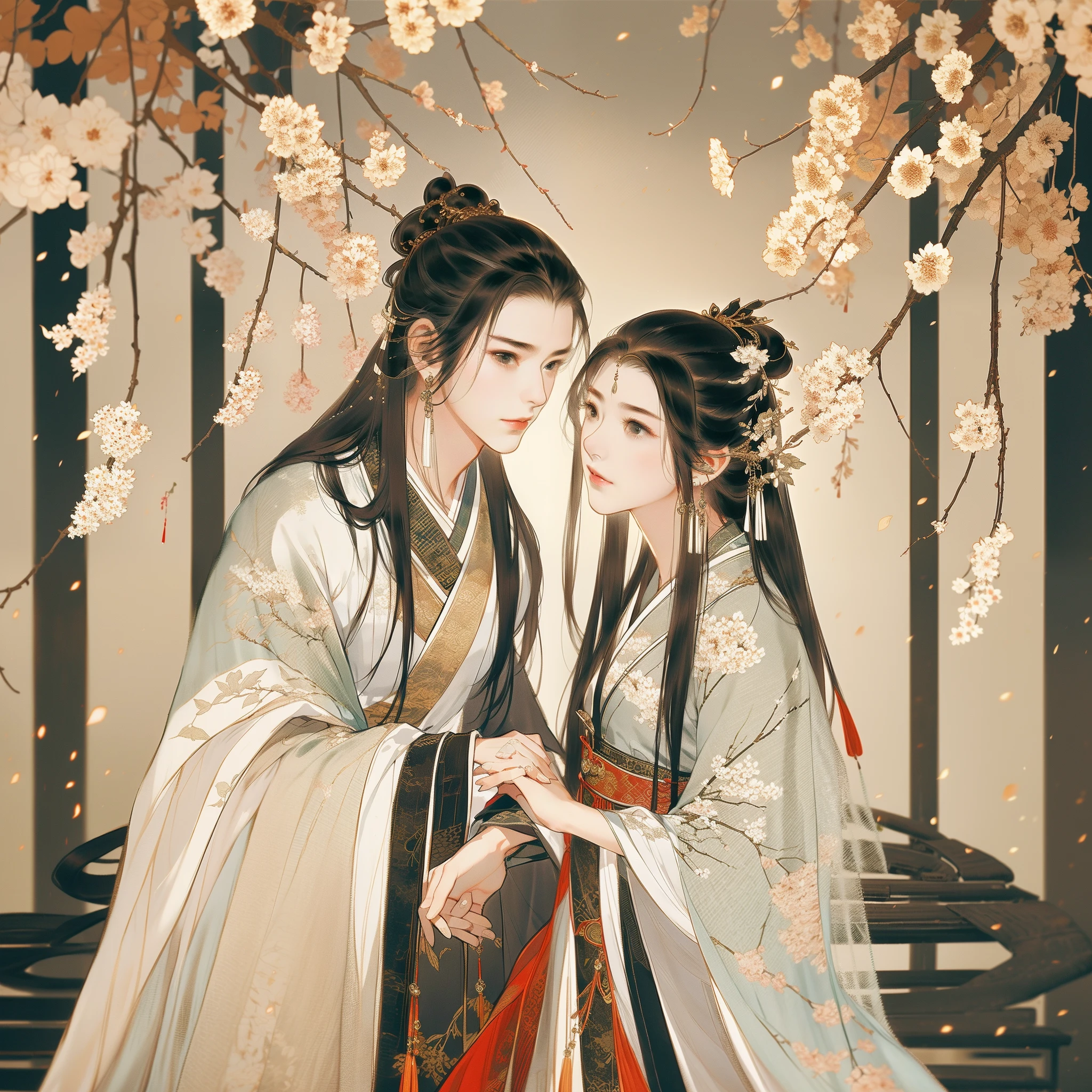 Men and women in ancient China，Snuggle up to each other，Clear face，pretty eyes，Hanfu，（The man is handsome）Romantic atmosphere，The old streets are in the background，The tree，tmasterpiece，ultra - detailed，Epic work，hyper HD，high high quality，highest  quality，32K