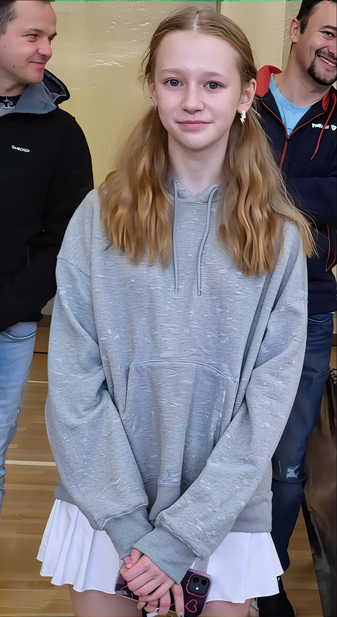 there is a young girl standing on a tennis court with a racket, she is wearing streetwear, wearing sweatshirt, jossi of blackpink, full body picture, wearing a baggy, wearing skirt, knees tucked in, very grainy image, wearing casual clothes, casual pose, full body! pretty face, desaturated!!, dressed casually, background is heavenly