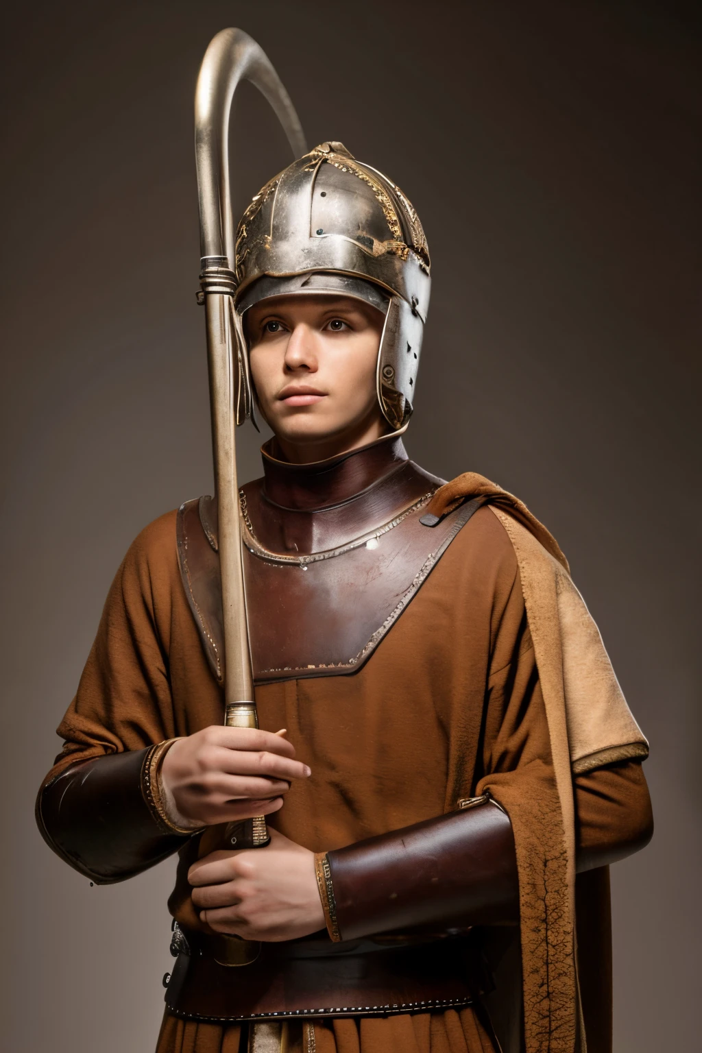 image of a Roman legion soldier in classical armor, holding a trumpet in a prominent position. Your posture can convey a sense of determination and authority.