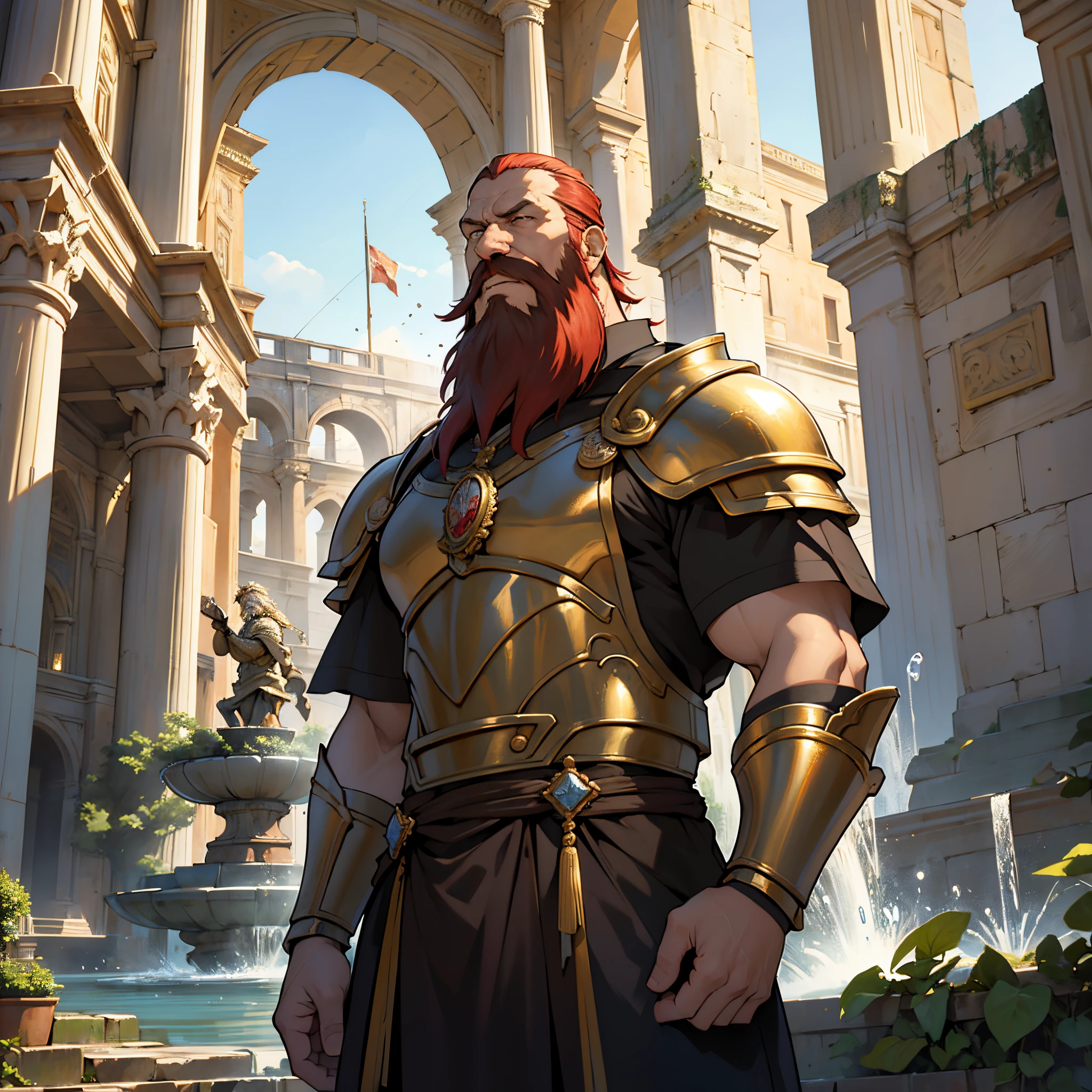 masterpiece, Best Quality, 4k, Background with:in front of ancient rome fountain, The large, Red bald middle aged man with long beard., gold armor, the sun, Background with: in front of ancient rome fountain, Sharp impression, waterdrops