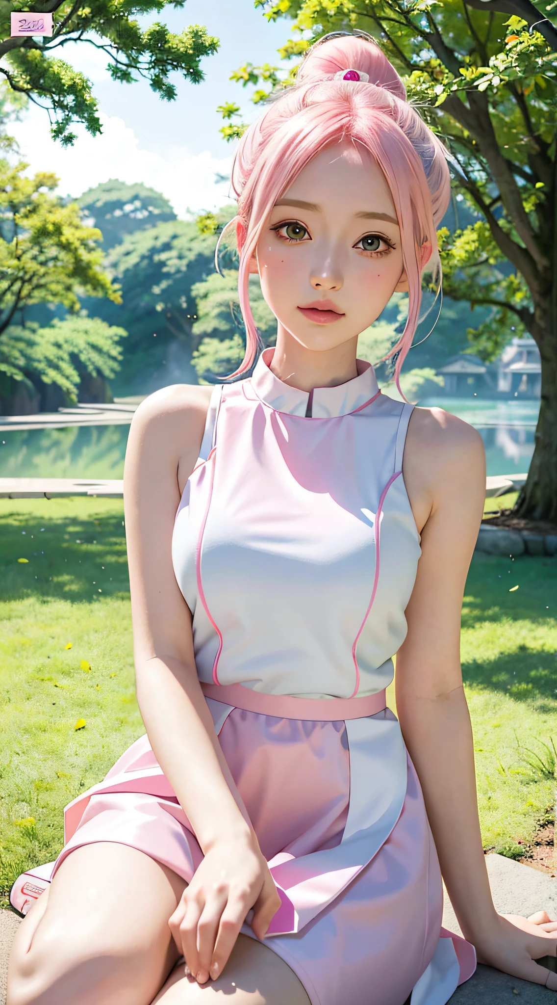 Anime girl with pink hair and green eyes poses for photo, Haruno Sakura, best anime 4k konachan wallpaper, Seductive Anime Girl, marin kitagawa fanart, sakura petals around her, splash art anime loli, anime style 4 k, anime moe art style, High quality anime art style, Detailed anime artwork, anime wallaper, Anime Best Girl