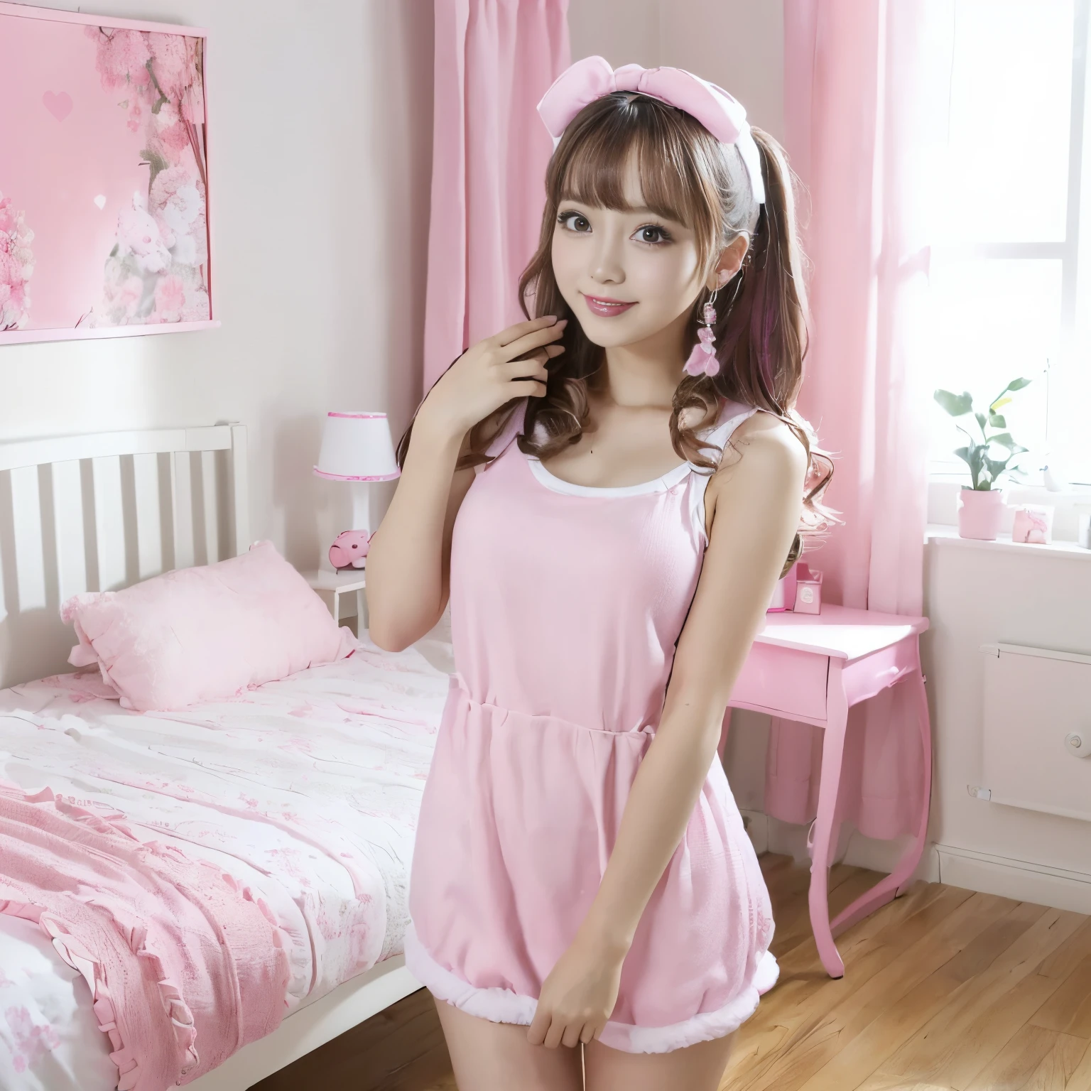 there is a woman in a pink dress sitting on a bed, ultrarealistic sweet bunny girl, cute fumo plush bunny girl, skydoll noa, plushie, bunny girl, 2263539546], けもの, cute toy, , wearing a pink rabbit costume, neko, plush doll, 1 8 yo