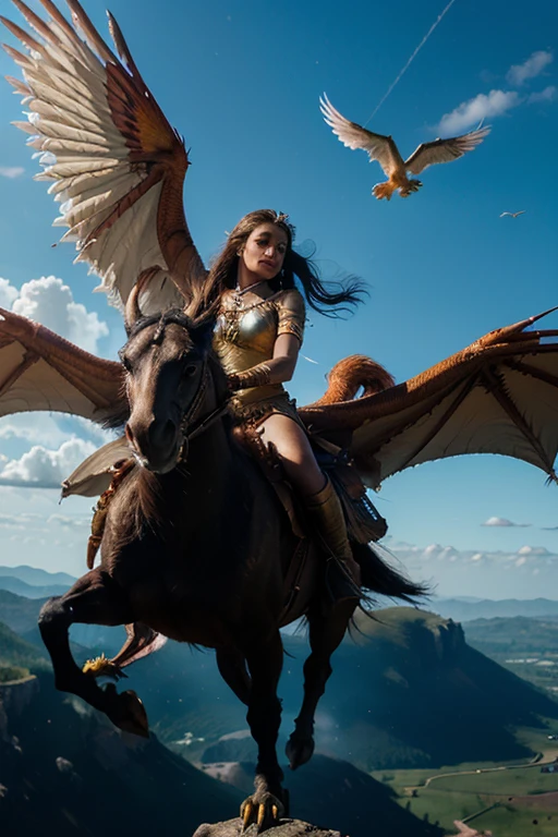 Mythological birds soar through the skies, their feathers glowing with colors that defy logic.
A princess, riding a majestic dragon, hovers in the air, her cape flowing as if made of pure magic.