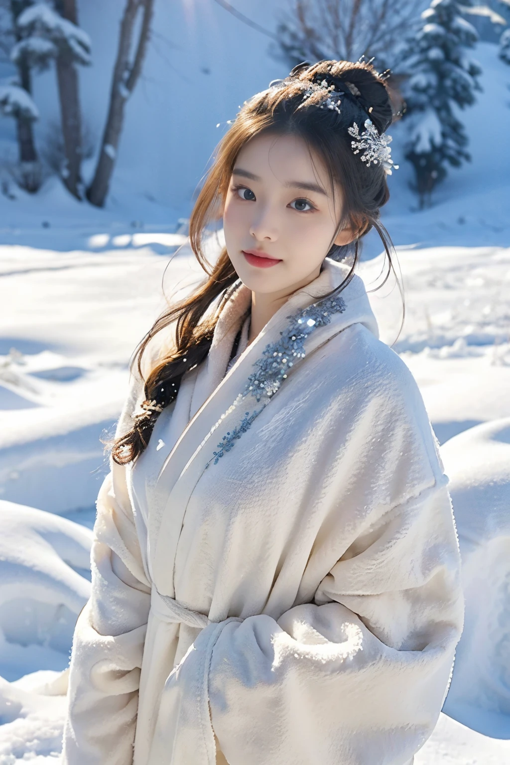 photo-realism、top-quality、超高分辨率、photore、(Very detailed faces),(intricately details)Photos of the most beautiful Nordic girls in the world、The princess on the snow mountain wears a gorgeous white robe,The robe is studded with sparkling silver gems,Like stars in the ice and snow。Her hair is tied into a delicate bun,hori'Dotted with tiny ice crystals and silver silk flowers.,slightly shiny。her face is beautiful,The skin is as white as snow,Eyes as clear and bright as lake water,Revealing a touch of tranquility and depth。There was a faint smile on her lips,Like the spring breeze blowing through the snowy mountains,Gentle and touching。Her environment is quiet and peaceful,Surrounded by snow-capped peaks,Under the sunlight,Clear streams flow through the valley,A gentle breeze blew by,Blow up her clothes and hair,Picturesque,tas'It's like a wonderland。