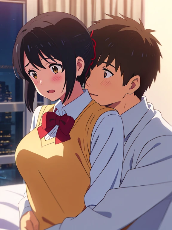 shinkai makoto, kimi no na wa., 1 boy, buzzcut, school uniform, boy is above girl, girl is below boy, passionate hug, face to face, lying, lie on bed, 1girl, black hair, bow, red bow, brown eyes, collared shirt, headband, red headband, bow, red bow, ribbon, red ribbon, school uniform, shirt, short hair, open mouth, couple, sweater vest, vest, vest lift, vest lift up, white shirt, open clothes, open shirt , partially unbuttoned shirt, boobs, medium breast, nipples, pink nipples, bedroom, night