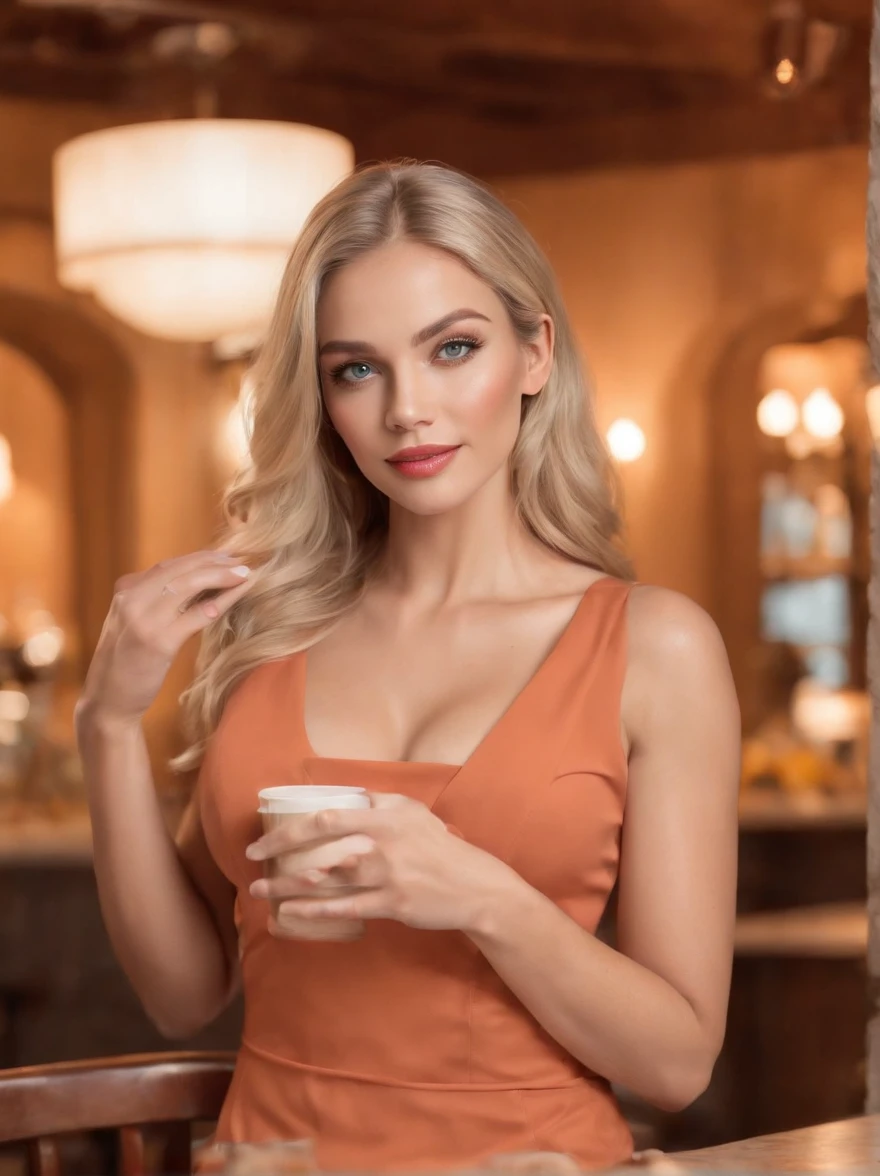 (best quality,4k,8k,highres,masterpiece:1.2),ultra-detailed,(realistic,photorealistic,photo-realistic:1.37), a beautiful blonde woman, standing on your feet, high-heels, the legs are long and white, curvies, blue eyes, tanned skin, wearing a hooters costume, in an restaurant, full body, beverage service, professional lighting, vibrant colors.