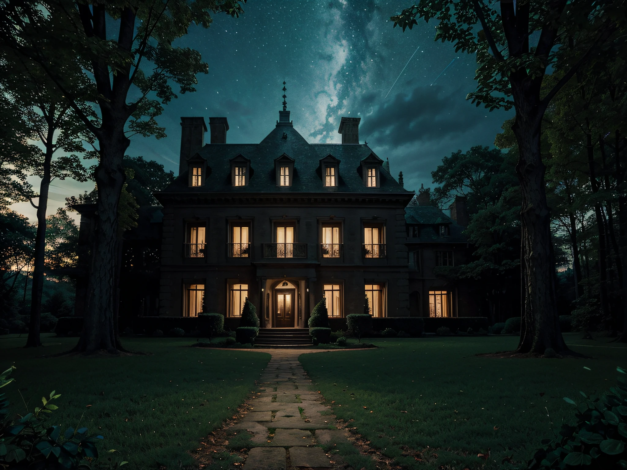Large mansion in the forest for the cover of a horror book, illustration of night and stars