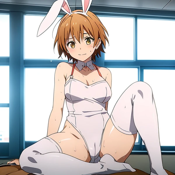 blushed、(Female 1、Erotic、bunnysuit、sit with curled under、pigeon-toed)、short-hair、full body Esbian、feminine breasts、ligh brown hair、(masutepiece, Best Quality)、 Shiny skin、(1girll: nase, Naughty blush, Sweat flows)