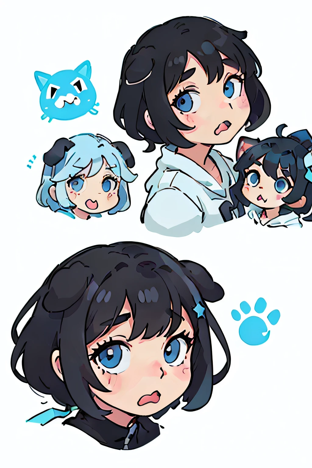 Cute puppy，black color hair，Black dog ears，Light blue eyes，Various expressions，Funny，Stick out your tongue，expression，adorable eyes，White BE, illustration-nii 5-style cute, emoji as illustration set, with boold manga line style,
dynamic pose dark white，，f/64 groups，related characters，Old
Meme Kernel