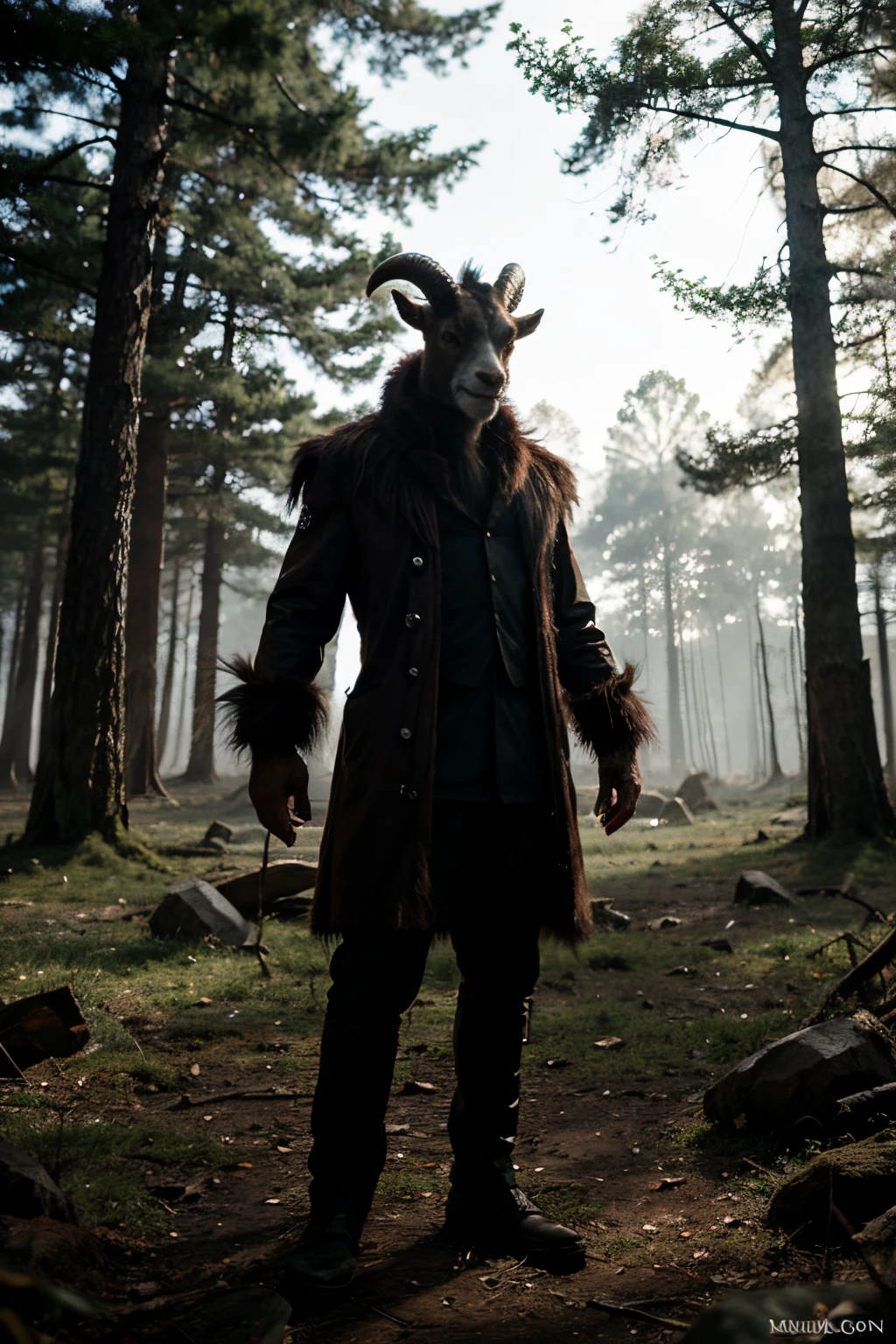 A monstrous goat-faced evil man standing in the otherworldly forest roaring