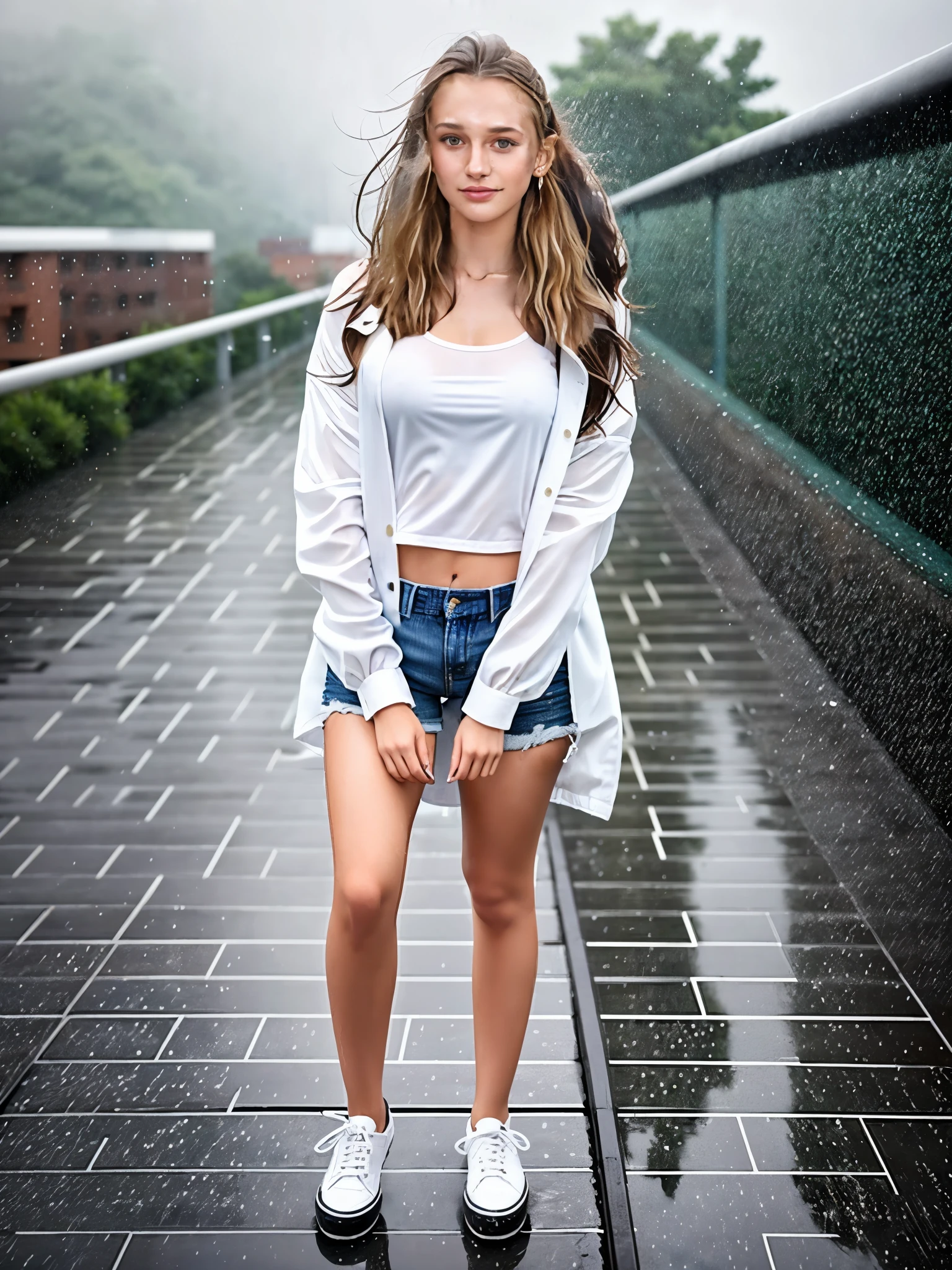 arafed woman standing on a bridge in the rain, pretty girl standing in the rain, beautiful model girl, beautiful girl model, sexy girl wearing shorts, photo of slim girl model, dressed in a top and shorts, full body photoshoot, 2 4  female model, modeling photography, casual pose, on rooftop, casual photography, cute young woman