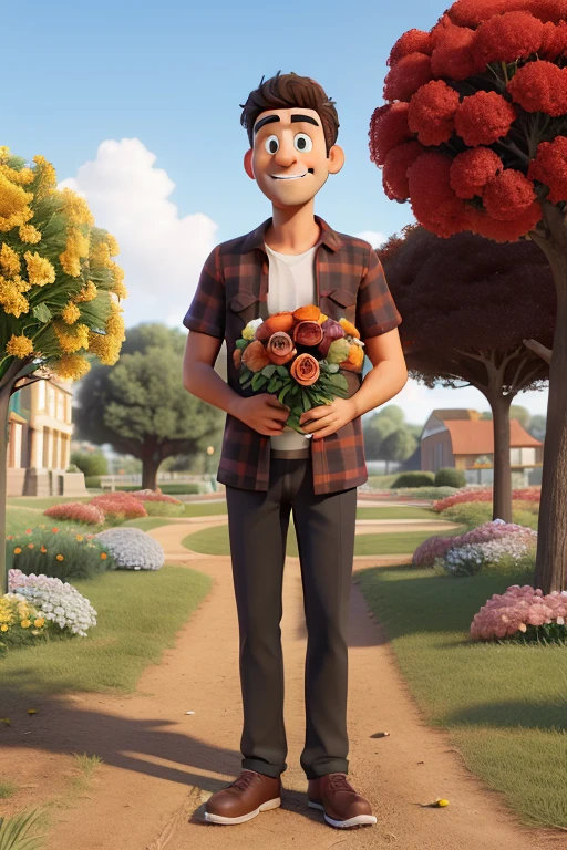 obra-prima, de melhor qualidade, a 30-year-old man with a bouquet of flowers and a red and black shirt , standing in the park handing a bouquet of flowers to a 30-year-old woman in a light blue dress, black ethnicity and sandals