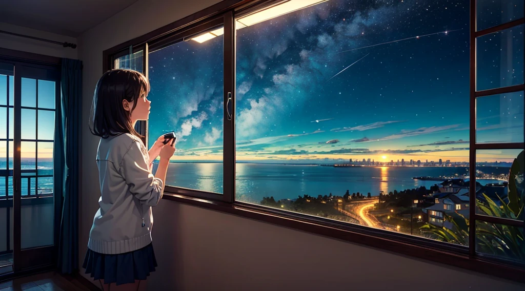 1 girl, a room with a view of the starry sky and the sea from the window