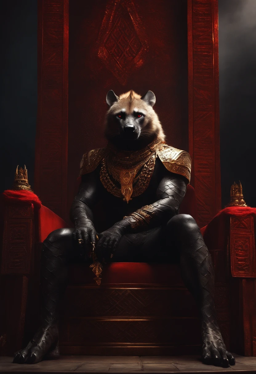 Furry , solo ,The hyena is completely black. , Red eyes ,No clothes. ,Wear gold jewelry all over. ,Muscular ,sitting on the throne ,in the pyramid