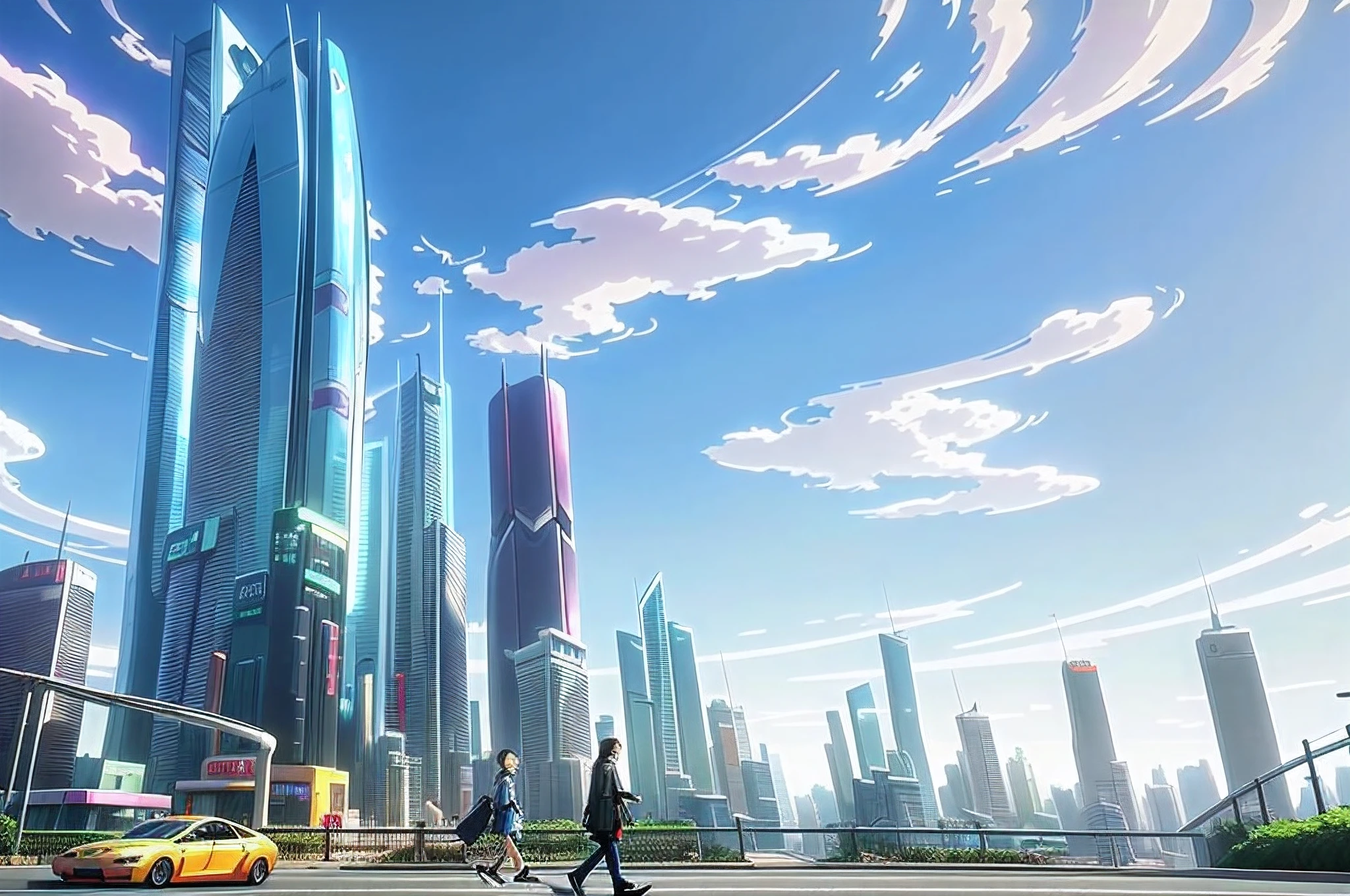 Anime city with a man walking across the street in front of a yellow ...