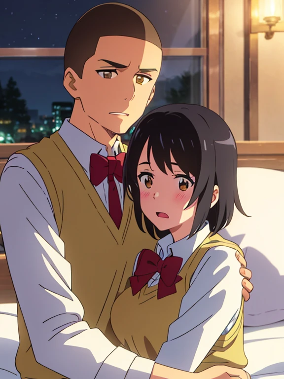 shinkai makoto, kimi no na wa., 1boy, buzzcut, boy is behind girl, boy touching girl's , breast grope from behind, grab, grabbing chest, hug back, hugging, neck kiss, 1girl, bangs, black hair, blush, open mouth, brown eyes, tear eyes, collared shirt, open mouth, red headband, red ribbon, red bow, school uniform, short hair, white shirt, skirt,night, indoors, storage room,