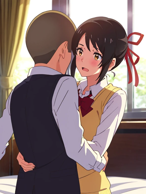 shinkai makoto, kimi no na wa., 1boy, buzzcut, school uniform, boy holding grasping girl's shoulders, hold anothers shoulders, cheek licking cheek, 1girl,black hair, red ribbon, red headband, short hair, open eyes, open mouth, tears eyes, blush, brown eyes, collared shirt, red bow, white long sleeve, unbuttoned, open shirt, medium breast,light pink bra, cleavage,indoors, night,
