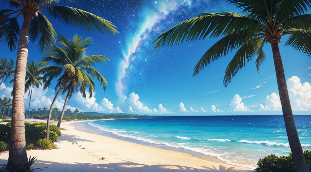 watercolor, starry sky, beach, palm tree