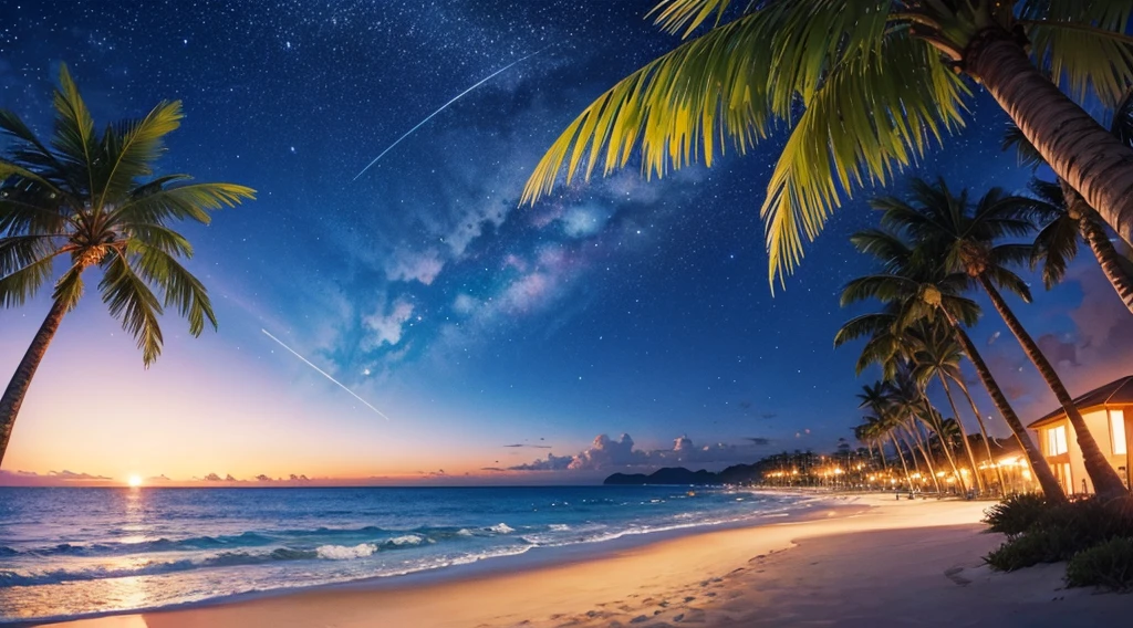 watercolor, starry sky, beach, palm tree