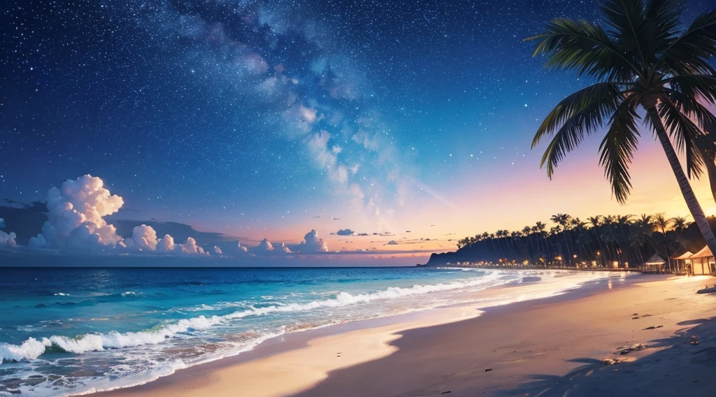watercolor, starry sky, beach, palm tree