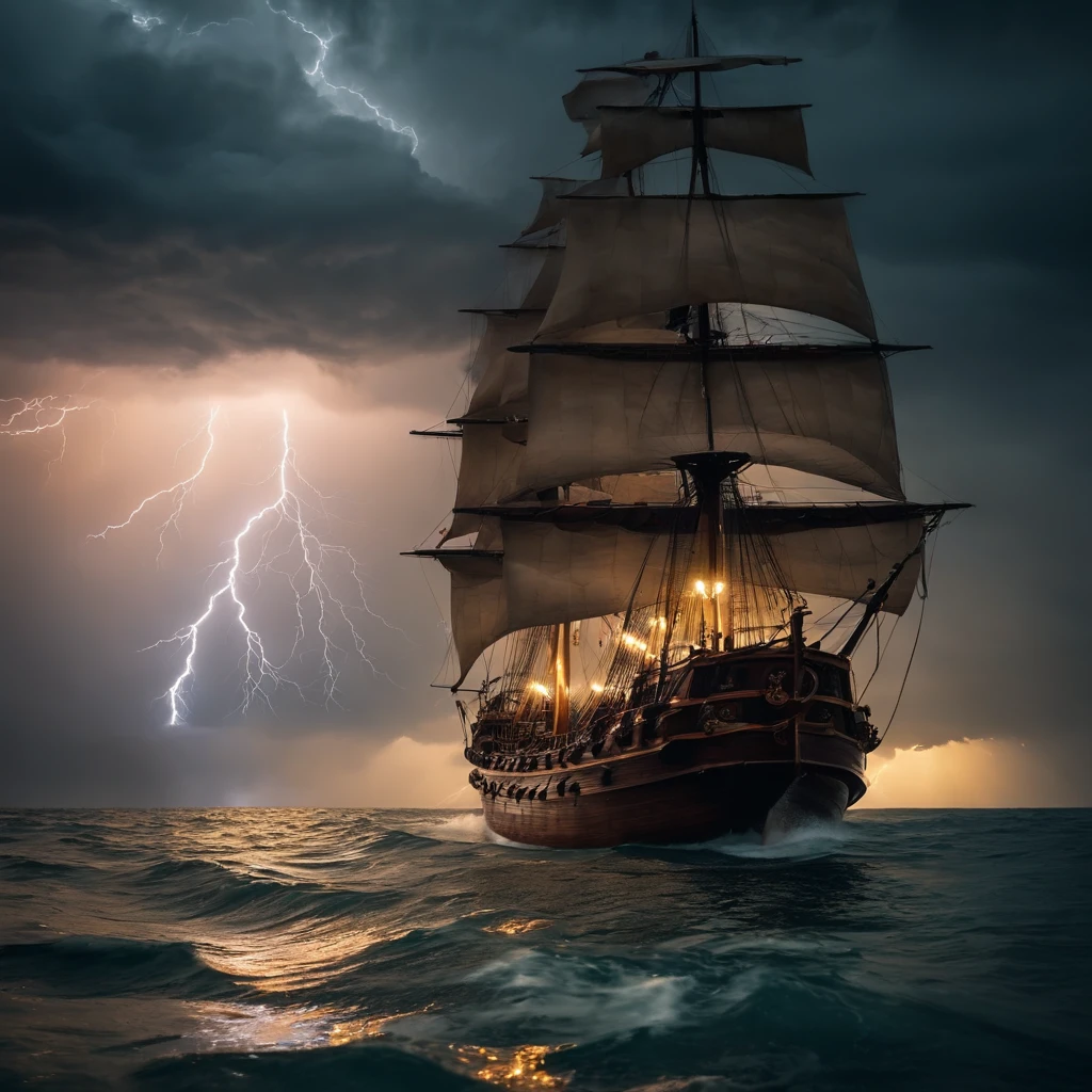 A wooden ship in the middle of the sea, thunderstorms and heavy rain, and the sky flashing with lightning and lightning