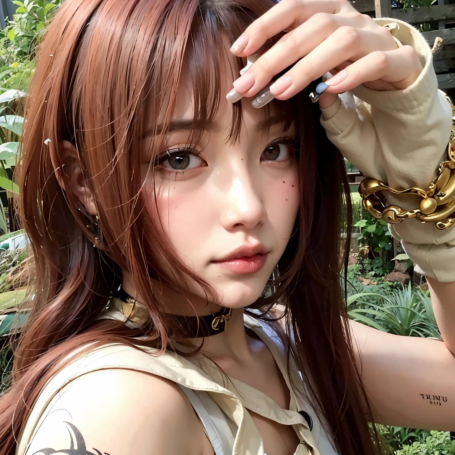 A closeup of a woman with long red hair and a tattoo on her arm, Lalisa Manobal, Lalisa Manoban do Blackpink, Ulzzang, Menina anime na vida real, Xintong Chen, Dom Yunjoo, jia, Sha Xi, cabelo longo castanho com franja, Jinyoung Canela, Chiho, kanliu666, com cabelos longos