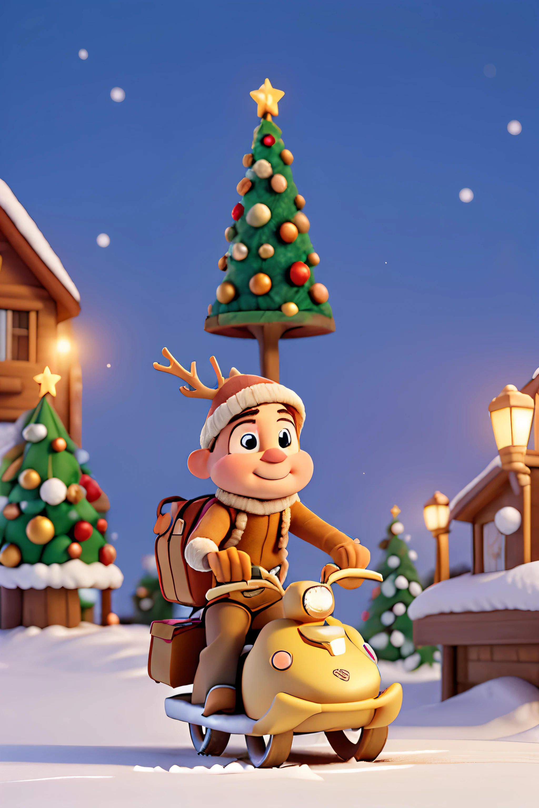 ((Best quality at best)), ((tmasterpiece)), (Detailed pubic hair), The perfect-faced Christmas reindeer deliveryman rides a snowmobile over the brightly lit town, carrying a huge gift bag. The bag is filled with gifts and is about to spill out. Pixar style warm-toned Christmas elements facial cartoon reindeer
