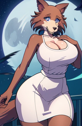Beastars art style, beastars, Juno, brown wolf, she Wolf, 1girl, furry, long curly brown fur, slim figure, blue eyes, wide hips, Big breasts, White skirt, White top, cleavage, night time, woods, moon