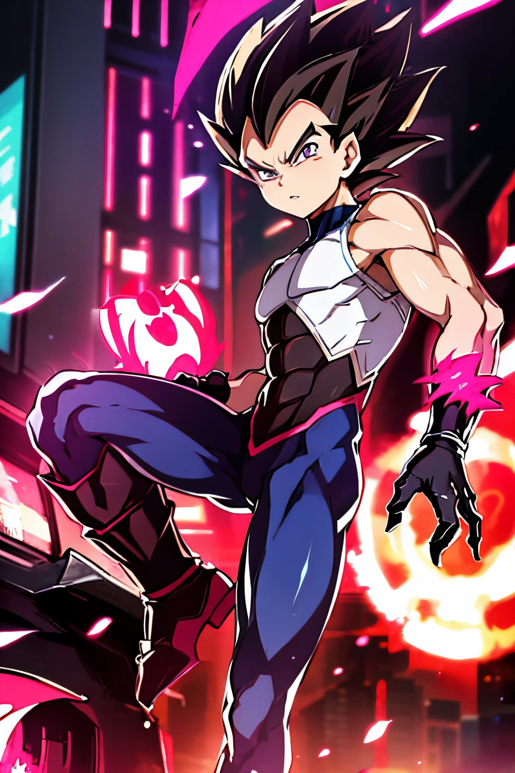 1boy ,solo,    detailed eyes,  masculine face, urban area ,  modern building , spiked hair, vegeta, pink short sleeve shirt,  super saiyan,mature male, muscular male, Blood_Skelter, glowing eyes, pink blood,  fire