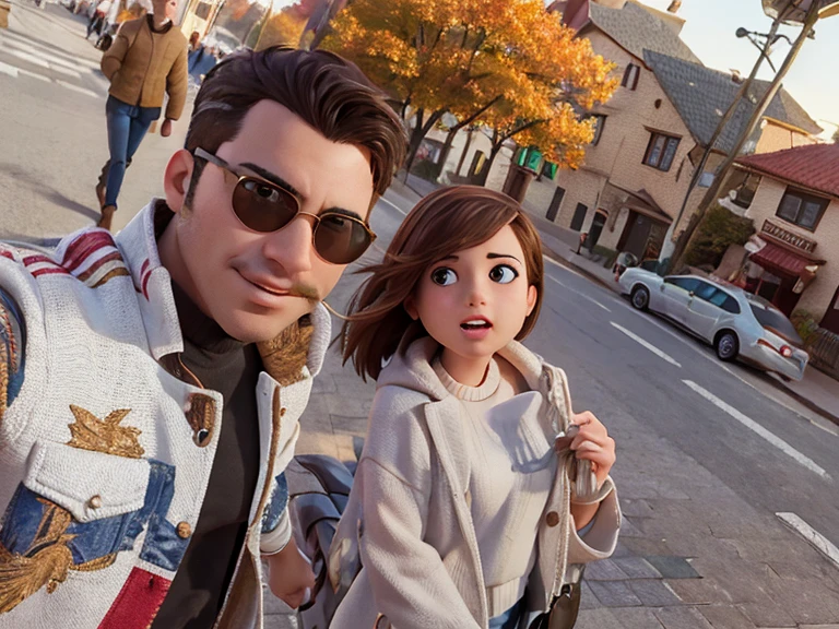 ((masterpiece)), best quality, male and female couple, walking down the street on a fall day.  upper body, portrait,