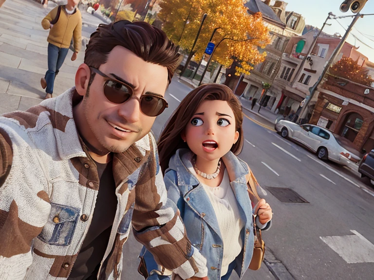 ((masterpiece)), best quality, male and female couple, walking down the street on a fall day. upper body, portrait,